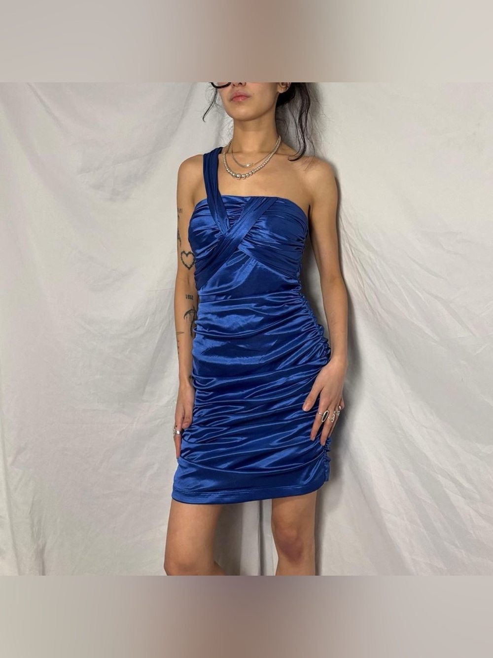 Y2K City Triangles Blue Satin Ruched One Strap Party Dress Size Medium